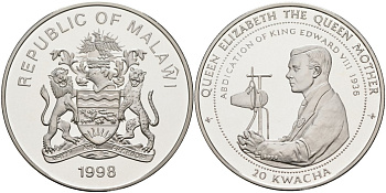 Малави 20 квача 1998 серия королева Елизавета-королева мать, Эдуард VIII речь об отречении KM 37 серебро PROOF 1098-2-22