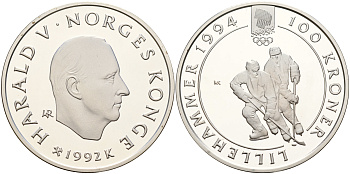 Норвегия 100 крон 1992 зимние Олимпийские игры 1994 года в Лиллехаммере, хокей  KM 441 серебро  PROOF  11-036-15