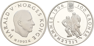 Норвегия 100 крон 1992 зимние Олимпийские игры 1994 года в Лиллехаммере, хокей  KM 441 серебро  PROOF  11-036-15