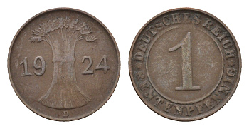 Германия 1 рентенпфенниг 1924 D KM 30, J. 306 бронза 4696-564