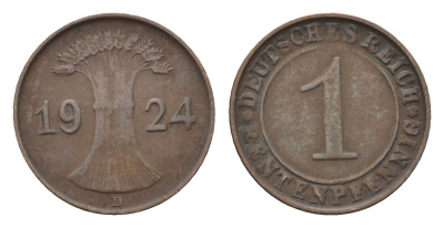 Германия 1 рентенпфенниг 1924 D KM 30, J. 306 бронза 4696-564
