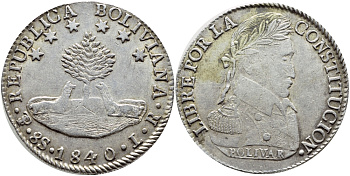 Боливия 8 солей 1840 LR, Симон Боливар KM 97 серебро 00-000-00