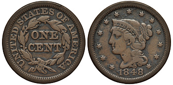 США 1 цент 1848 большой формат, Braided hair  медь    1531-132
