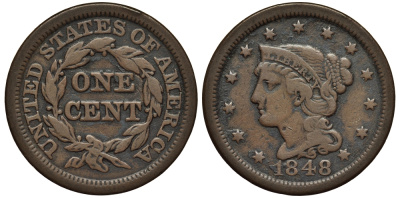 США 1 цент 1848 большой формат, Braided hair  медь    1531-132