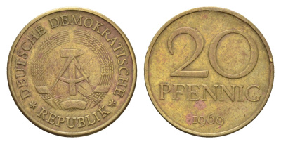 ГДР 20 пфеннигов 1969 A KM 11 латунь 192-233