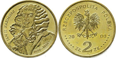 Польша 2 злотых 2000 MW, серия Польские короли, Ян II Казимир KM 398 нордик UNC 4676-116
