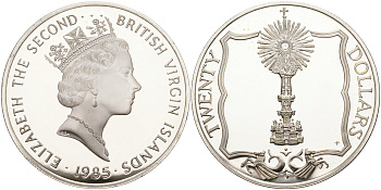 Британские Виргинские острова 20 долларов 1985 золотая дарохранительница KM 59 серебро  PROOF  1095-2-61