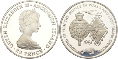 Остров Вознесения 25 пенсов 1981 свадьба принца Чарльза и леди Дианы, гербы, в оригинальной коробке, с сертификатом KM 3 b серебро  PROOF  00-00