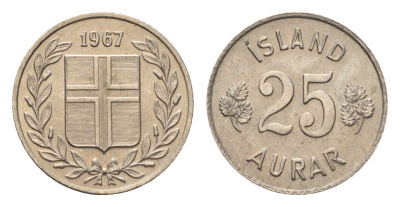 Исландия 25 эйре 1967 KM 11 медно-никель UNC 4690-646