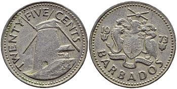 Барбадос 25 центов 1973 ветряная мельница Моргана Льюиса KM 13 медно-никель 4398-327