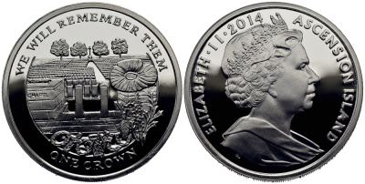 Остров Вознесения 1 крона 2014 в память героев первой мировой войны, кладбище KM NEW серебро PROOF 1071-1-61
