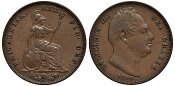 Великобритания 1 фартинг 1835 Вильгельм IV (1830-1837) KM 705, Spink 3848 медь 1523-914