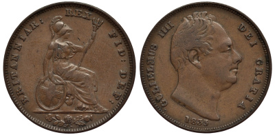 Великобритания 1 фартинг 1835 Вильгельм IV (1830-1837) KM 705, Spink 3848 медь 1523-914