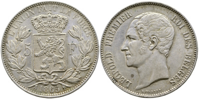 Бельгия 5 франков 1865 Леопольд I (1831-1865) KM 17 серебро 00-1067-6-32