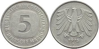 ФРГ 5 марок 1975 F, монетный двор Штутгарт КМ 140.1, J. 415 медно-никель плакированный никелем 4683-915