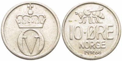 Норвегия 10 эре 1968 пчела, Улаф V (1958-1991) KM 411 медно-никель 72-1022
