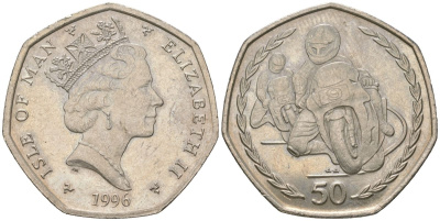 Остров Мэн 50 пенсов 1996 Мотогонки "Tourist Trophy" KM 593 медно-никель aUNC 4044-832