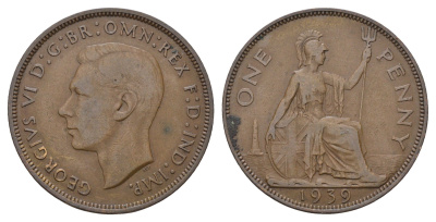 Великобритания 1 пенни 1939 Георг VI (1936-1952) КМ 845, Spink 4114 бронза 4117-1226