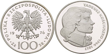 Польша 100 злотых 1976 MW, Тадеуш Костюшко (1746-1817), в оригинальной упаковке KM 82, Parchimowicz 274 серебро PROOF 5-3-1-35