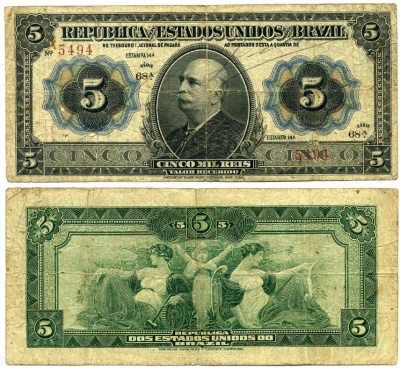 Бразилия 5 мил рейс - 5000 рейс 1913 Pick 24 бумага 451-203-3