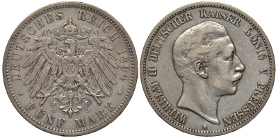 Пруссия 5 марок 1894 Вильгельм II (1888-1918) KM 523, J. 104 серебро 00-1067-10-23