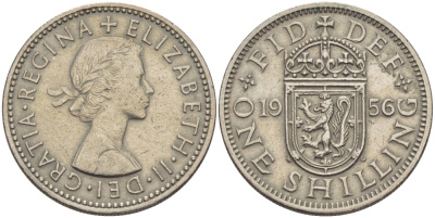 Великобритания 1 шиллинг 1956 Елизавета II (1952-2022), Шотландский герб KM 905, Spink 4148 медно-никель 67-835