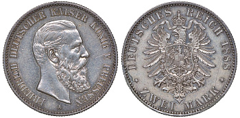 Пруссия 2 марки 1888 A, Фридрих III (1888) KM 510 серебро  aUNC  1531-1313