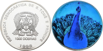 Сан-Томе и Принсипи 1000 добра 1998 (1997) павлин, галограмма KM 79 серебро PROOF 04-137-34