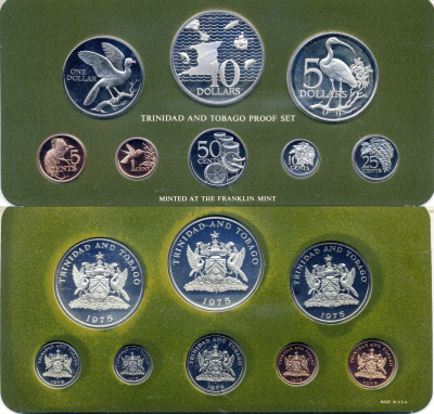 Тринидад и Тобаго набор из 8 монет (1, 5, 10, 25 и 50 центов; 1, 5 и 10 долларов) 1975 в оригинальной упаковке, с сертификатом подлинности KM 25, 26, 27, 28, 22, 23, 8, 24a PROOF 4-3-1-22