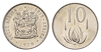 ЮАР 10 центов 1970 герб, цветок алоэ KM 85 никель UNC 4687-336