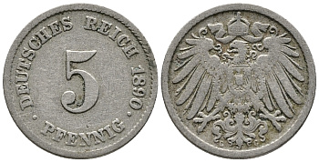 ГЕРМАНИЯ 5 ПФЕННИГОВ 1890 G KM 11, J. 12 медно-никель 39-629