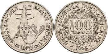 Валютный Союз стран Западной Африки 100 франков 1968 KM 4 никель 4575-1141