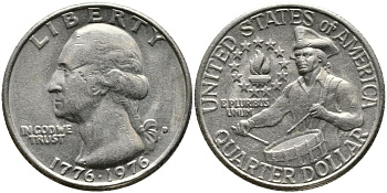 США 25 центов (квотер) 1976 D, 200 лет независимости (1776-1976), Вашингтон, барабанщик KM 204 медь плакированная медно-никелем 3336-654