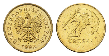 Польша 2 гроша 1992 Y 277 латунь UNC 4615-446