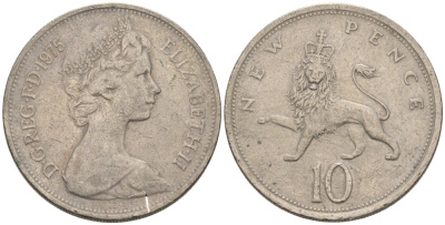 Великобритания 10 пенсов 1975 Елизавета II (1952-2022) KM 912, Spink 4231 (F1) медно-никель 81-131