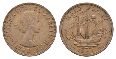 Великобритания 1/2 пенни 1964 Елизавета II (1952-2022) KM 896, Spink 4158 бронза 4662-1232
