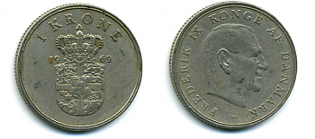 Дания 1 крона 1962 C; S, Фредерик IX (1947-1972) KM 851 медно-никель 56-327