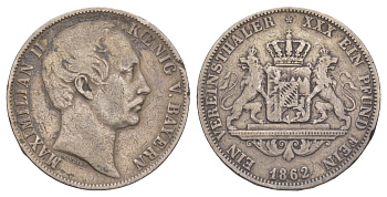 Бавария 1 талер 1862 Максимилиан II (1848-1864) KM 852, J. 94, AKS 149 серебро 1521-215