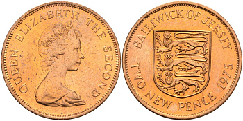 Джерси 2 пенса 1975 герб, Елизавета II (1952-2022) KM 31 бронза UNC 4367-424