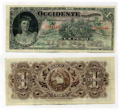 Гватемала, Кесальтенанго 1 песо 1900 Banco de Occidente Pick S175 a бумага VF 000-00-00