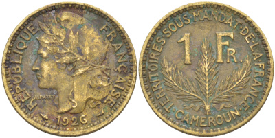 Французский Камерун 1 франк 1926 (а), монетный двор Париж KM 2 алюминиевая бронза 4175-744