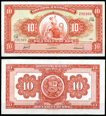 Перу 10 солей 1968 сидящая свобода, Thomas de la Rue Pick 84 a  бумага  аUNC  444-118-1-2