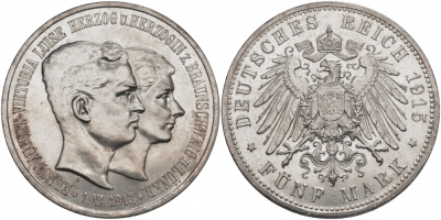 Брауншвейг-Люнебург 5 марок 1915 А, свадьба Эрнста Августа и Виктории Луизы Weege 58, J. 58, KM 1164 серебро UNC 10-002-65