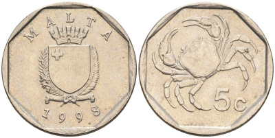 Мальта 5 центов 1995 краб KM 95 медно-никель 4588-139