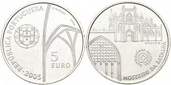 ПОРТУГАЛИЯ 5 ЕВРО 2005 ЮНЕСКО, МОНАСТЫРЬ БАТАЛЬЯ KM 769 серебро UNC 1521-1121