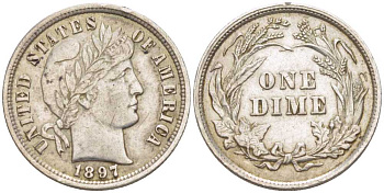 США 10 центов (дайм) 1897 тип Барбер (Barber) KM 113 серебро 00-820-46