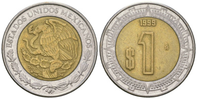 Мексика 1 песо 1999 Mo KM 603 биметалл 4591-143
