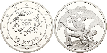 Греция 10 евро 2004 XXVIII летние Олимпийские игры 2004 года в Афинах, борьба KM 203 серебро PROOF 11-244-31