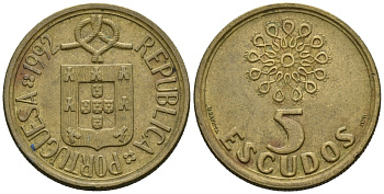 Португалия 5 эскудо 1992 KM 632 никель латунь 4148-511