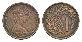 Новая Зеландия 1 цент 1967 Елизавета II (1952-2022), лист папоротника KM 31.1 бронза 4655-1129